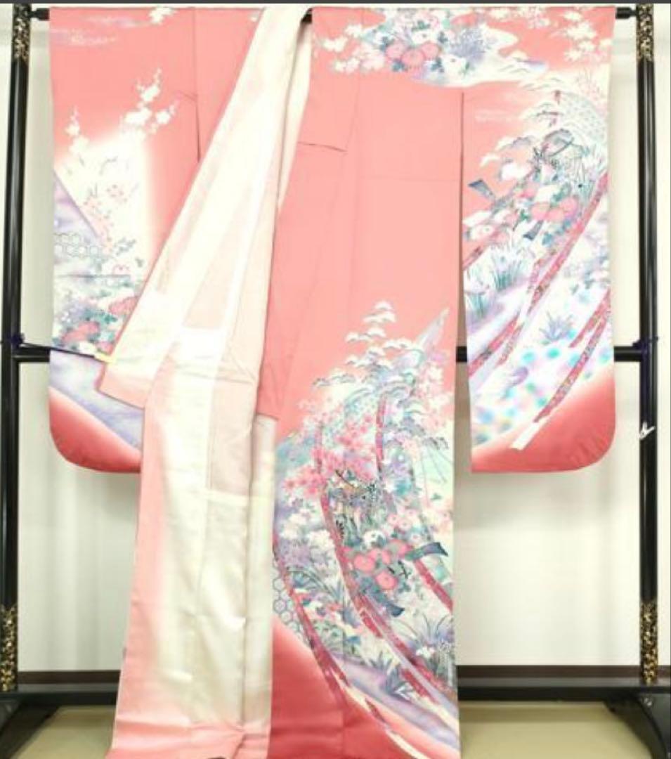 振袖 フルセット6点サイズM〜Ｌ駒刺繍　御所車花文　暈し染め　金彩正絹