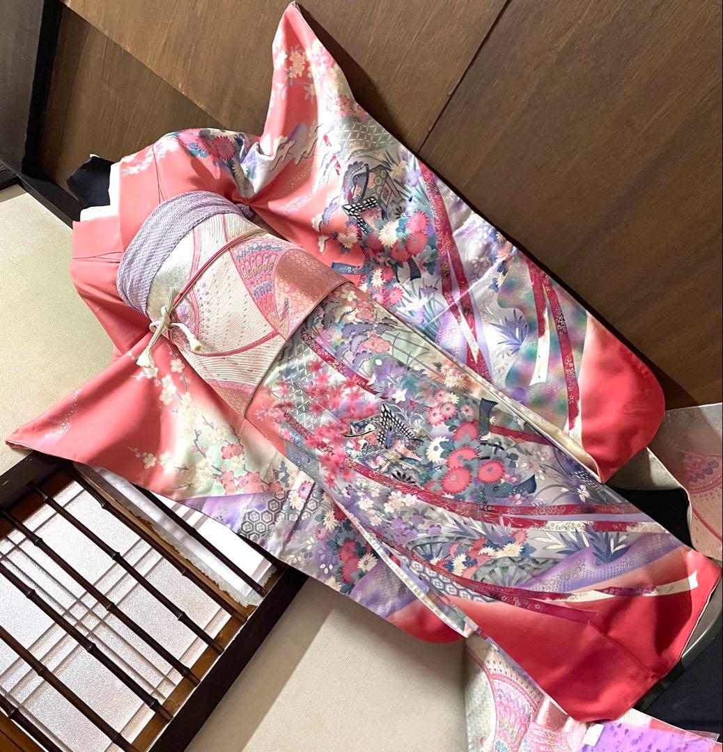 振袖 フルセット6点サイズM〜Ｌ駒刺繍　御所車花文　暈し染め　金彩正絹