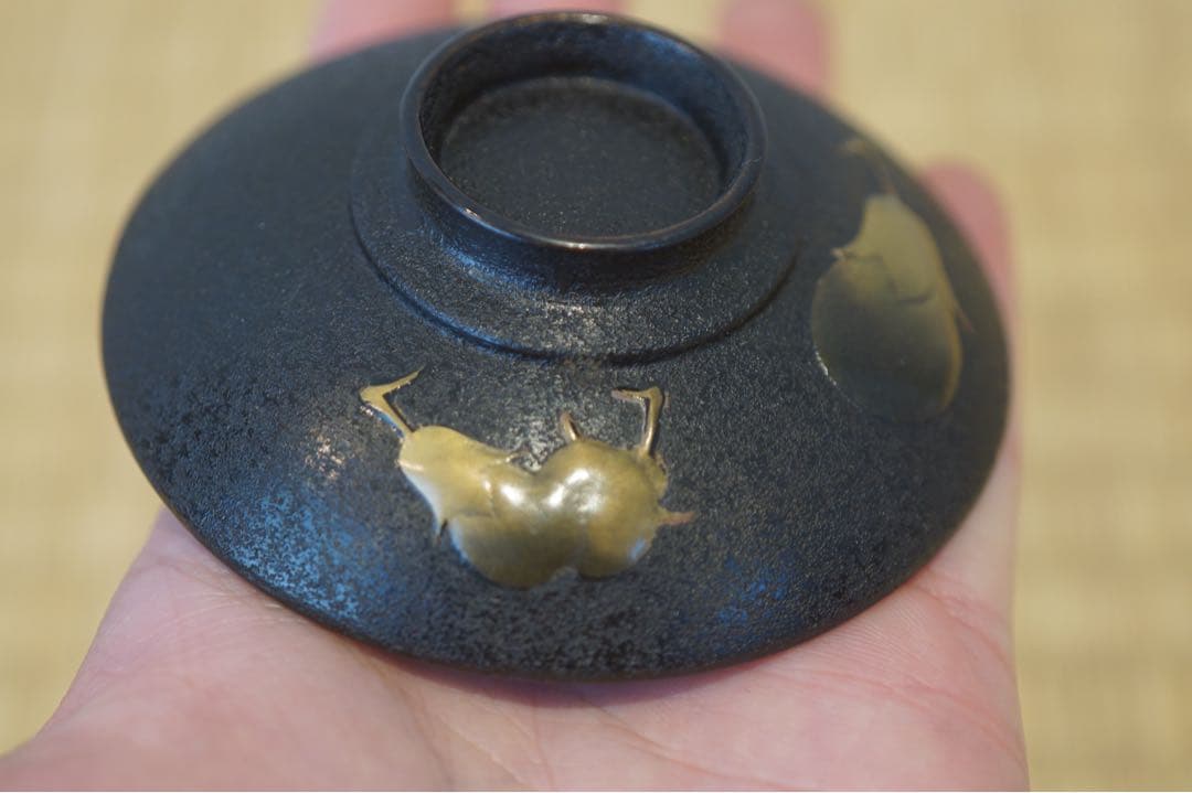 茄子高蒔絵・富士山蒔絵・朱印入り 黒乾漆粉塗 小吸物椀 2客/ 木製漆器 茶懐石