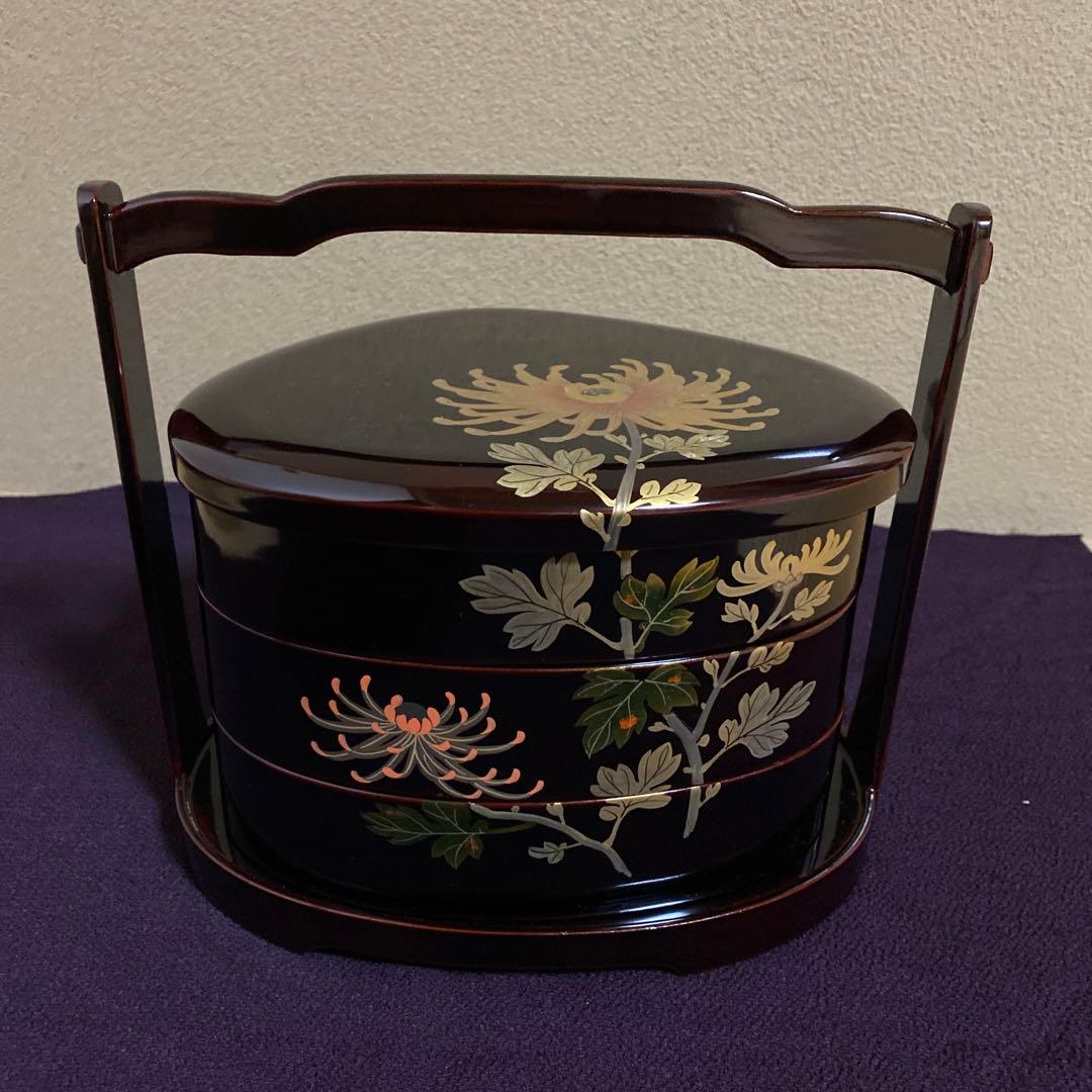 お値下げ　骨董　蛤型　金蒔絵　手提げ三段重