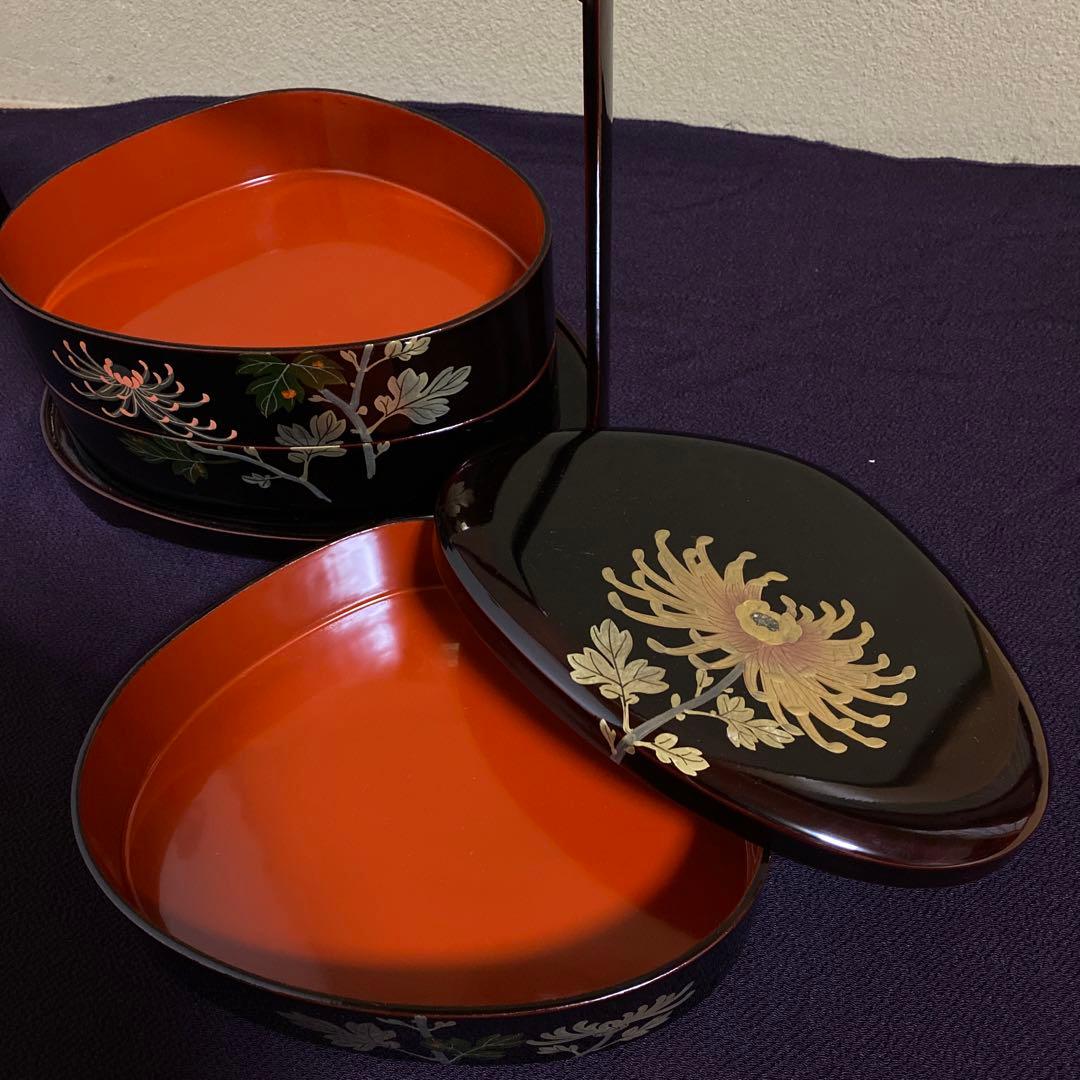 お値下げ　骨董　蛤型　金蒔絵　手提げ三段重