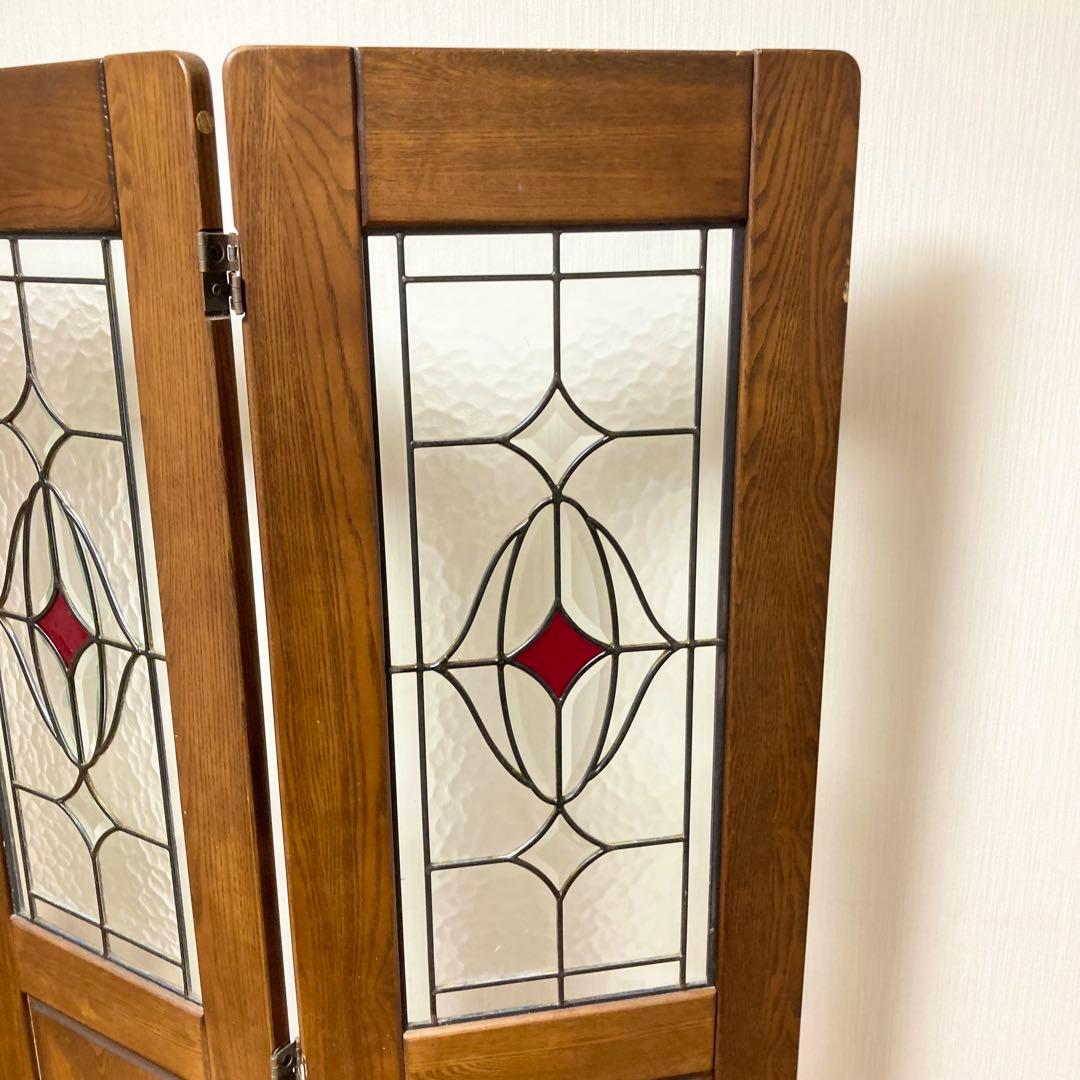 ステンドグラス 木製 パーテーション 3連 アンティーク調 間仕切り 衝立