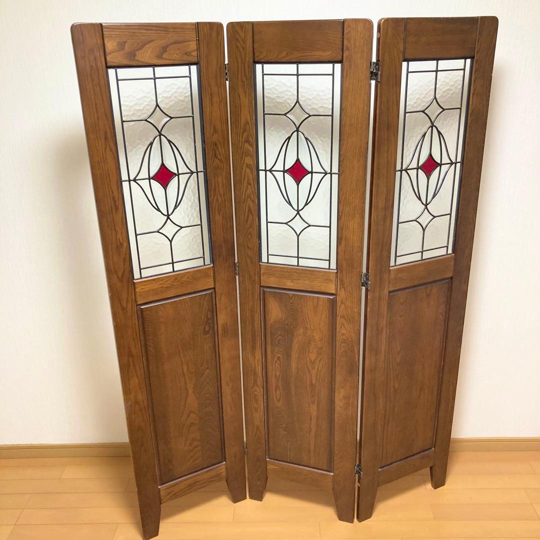 ステンドグラス 木製 パーテーション 3連 アンティーク調 間仕切り 衝立