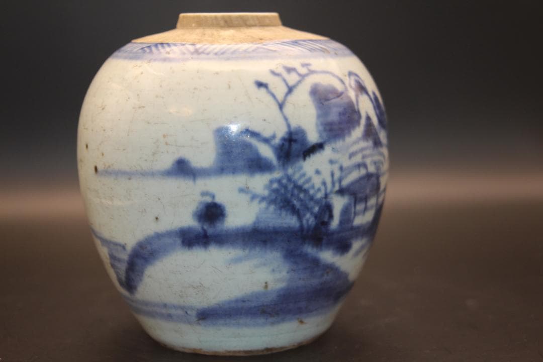 【海】古染付　清中期　人物山水絵小壺　本物保証！　骨董品 時代品 美術品