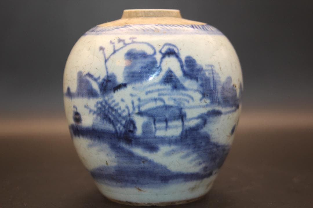 【海】古染付　清中期　人物山水絵小壺　本物保証！　骨董品 時代品 美術品