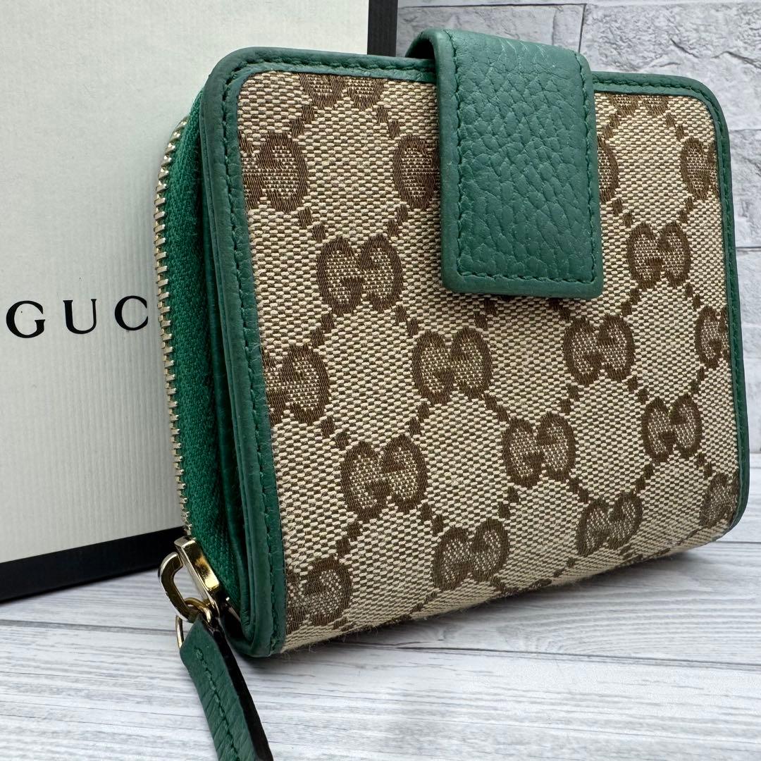 【美品】GUCCI　二つ折り財布　ラウンドジップ　 GG柄　キャンバス グリーン