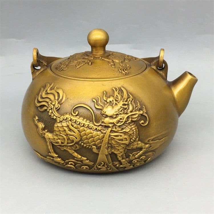 銅器 浮彫麒麟提梁壺 茶壺 酒壺 煎茶道具 装飾品 工芸品 美術品 置物