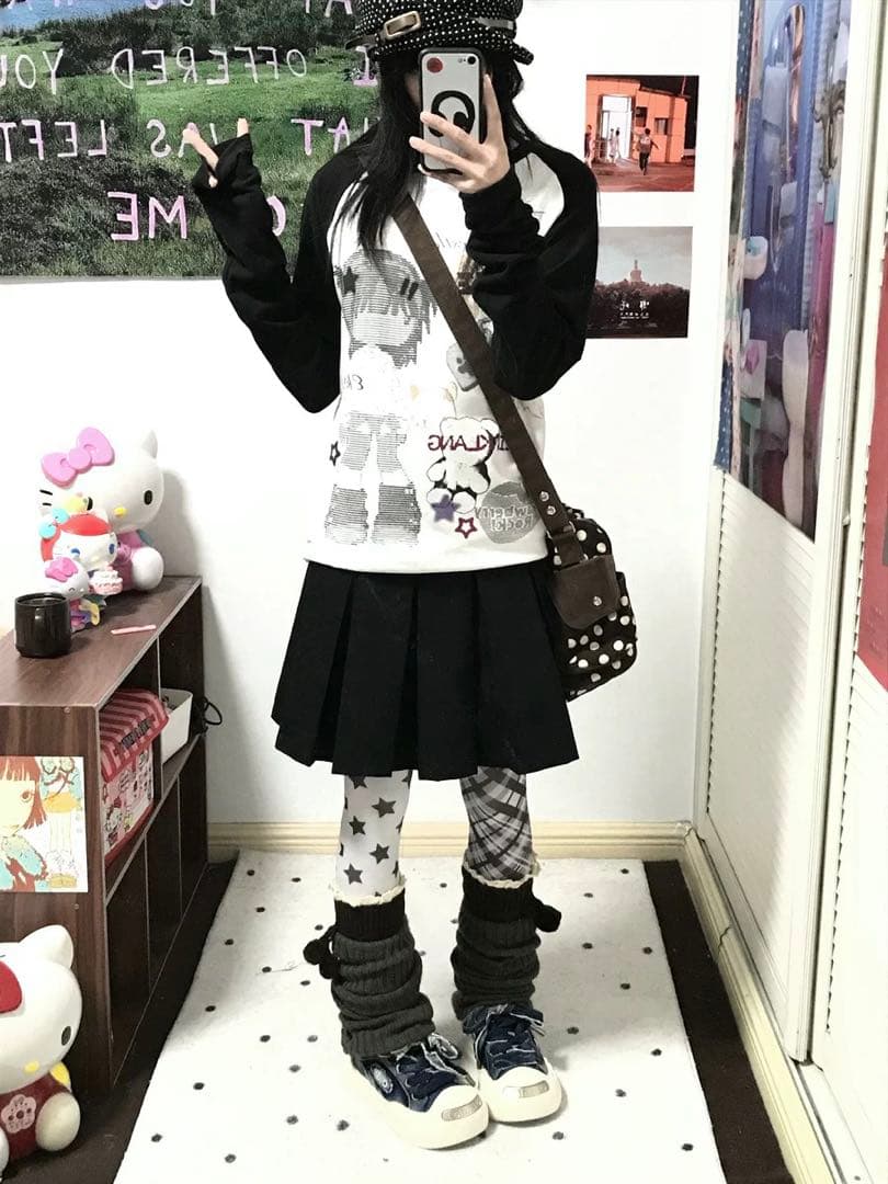 逃跑乐园loveplayshop y2kチェック柄星　タイツ　ブラック