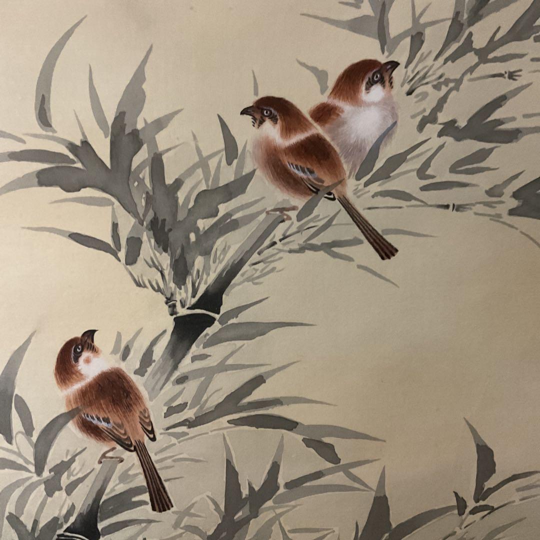 森本白蝶筆 花鳥画 絹本 彩色画 【竹に雀図 】 肉筆画 軸先紫檀