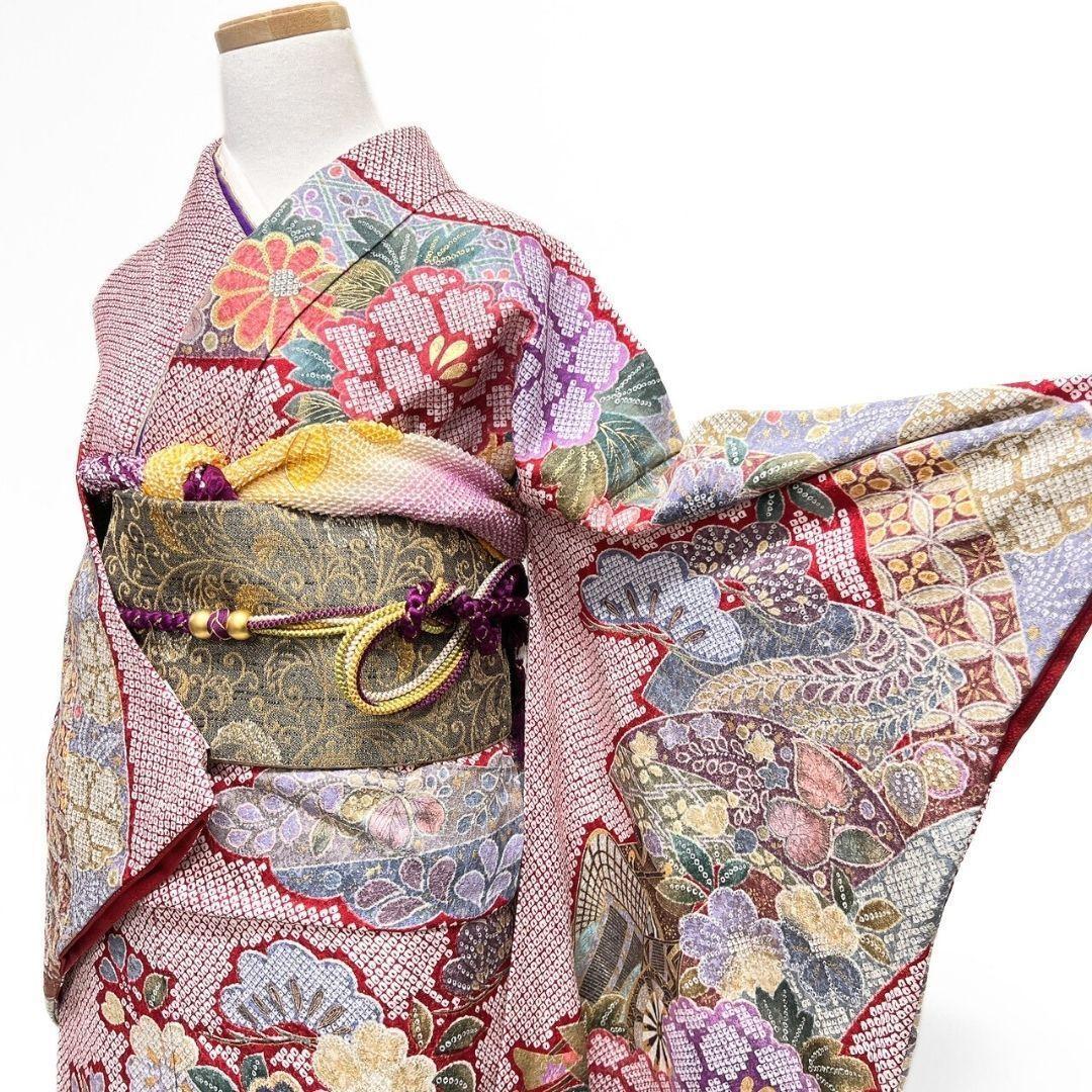 振袖　銀通し　金彩　辻ヶ花　鹿の子　牡丹　花模様　紅白　着物　121b p ms