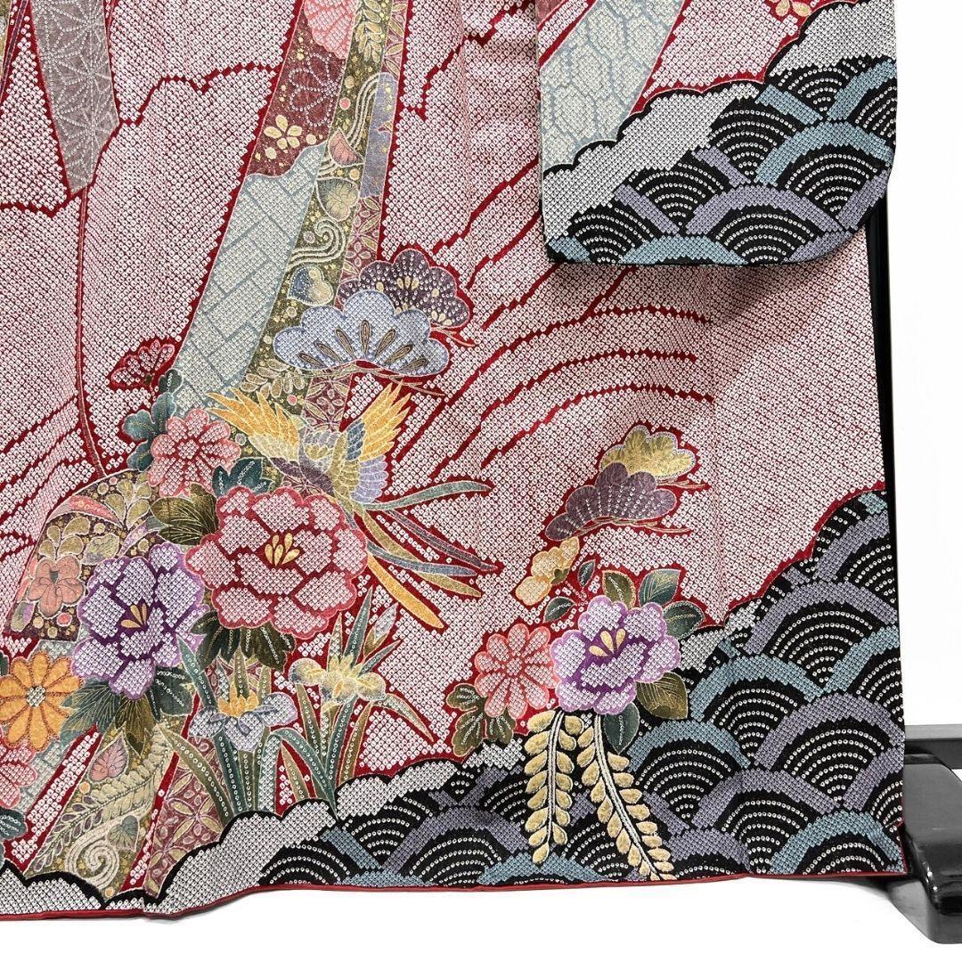 振袖　銀通し　金彩　辻ヶ花　鹿の子　牡丹　花模様　紅白　着物　121b p ms