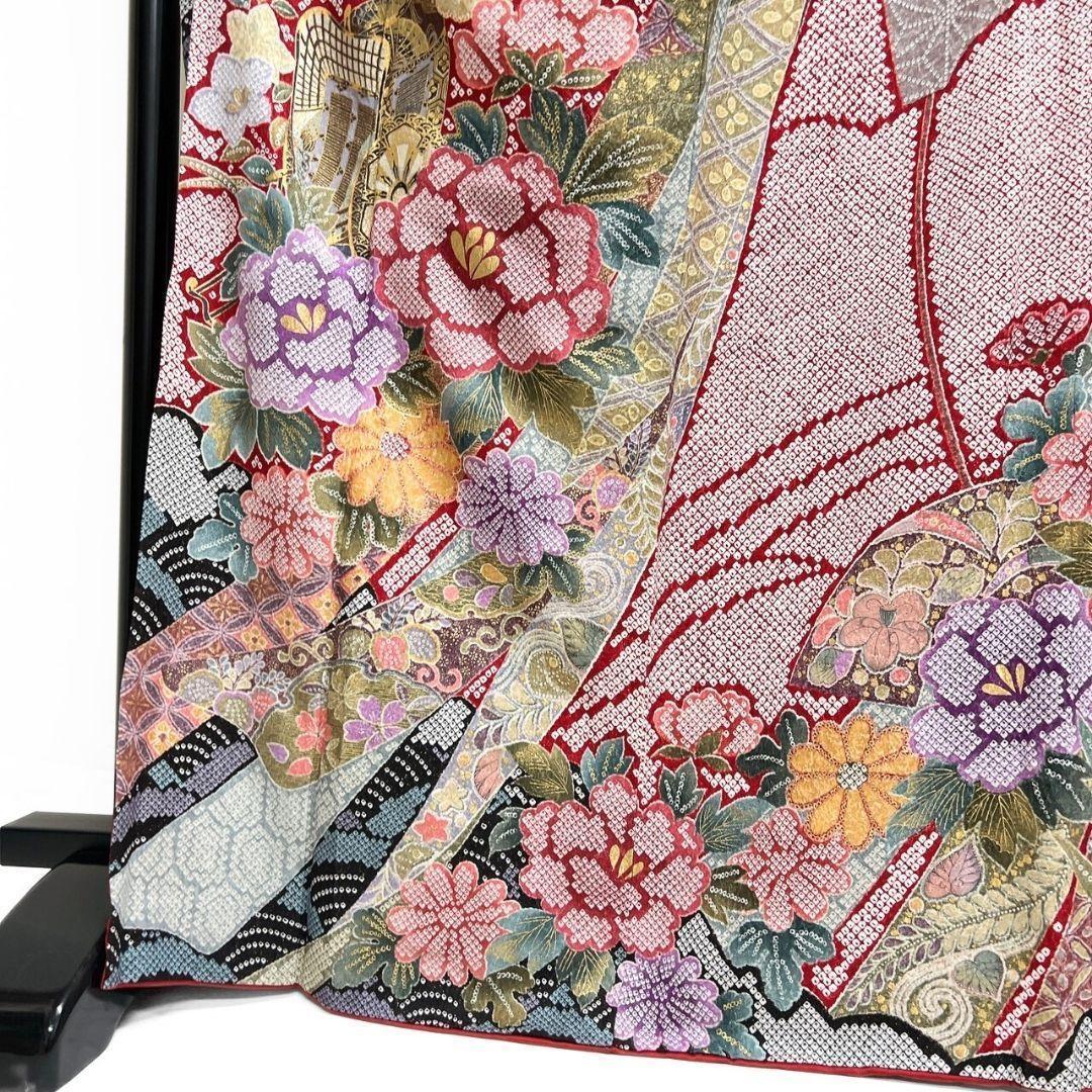 振袖　銀通し　金彩　辻ヶ花　鹿の子　牡丹　花模様　紅白　着物　121b p ms
