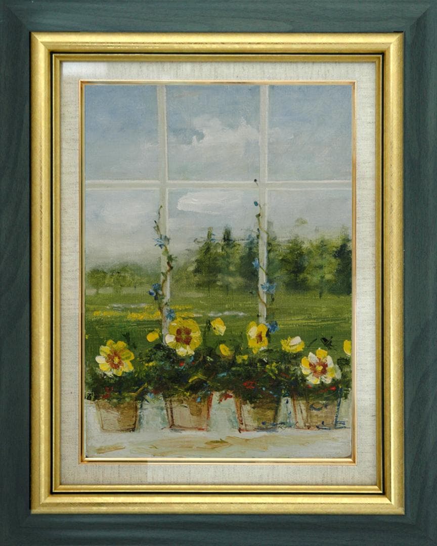 油絵 菅家令子 絵 絵画 インテリア 額付(黒) F4-070402 窓辺の花