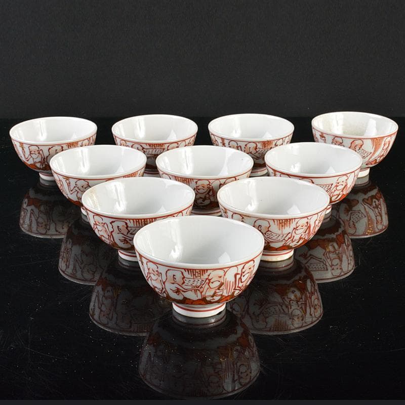 九谷焼　青木木米　聾米造　赤絵金彩　人物文　煎茶碗　十客　時代箱付　MR6559