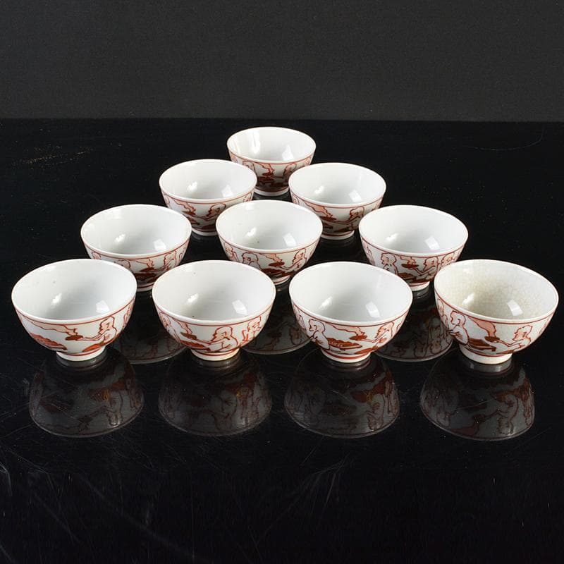 九谷焼　青木木米　聾米造　赤絵金彩　人物文　煎茶碗　十客　時代箱付　MR6559