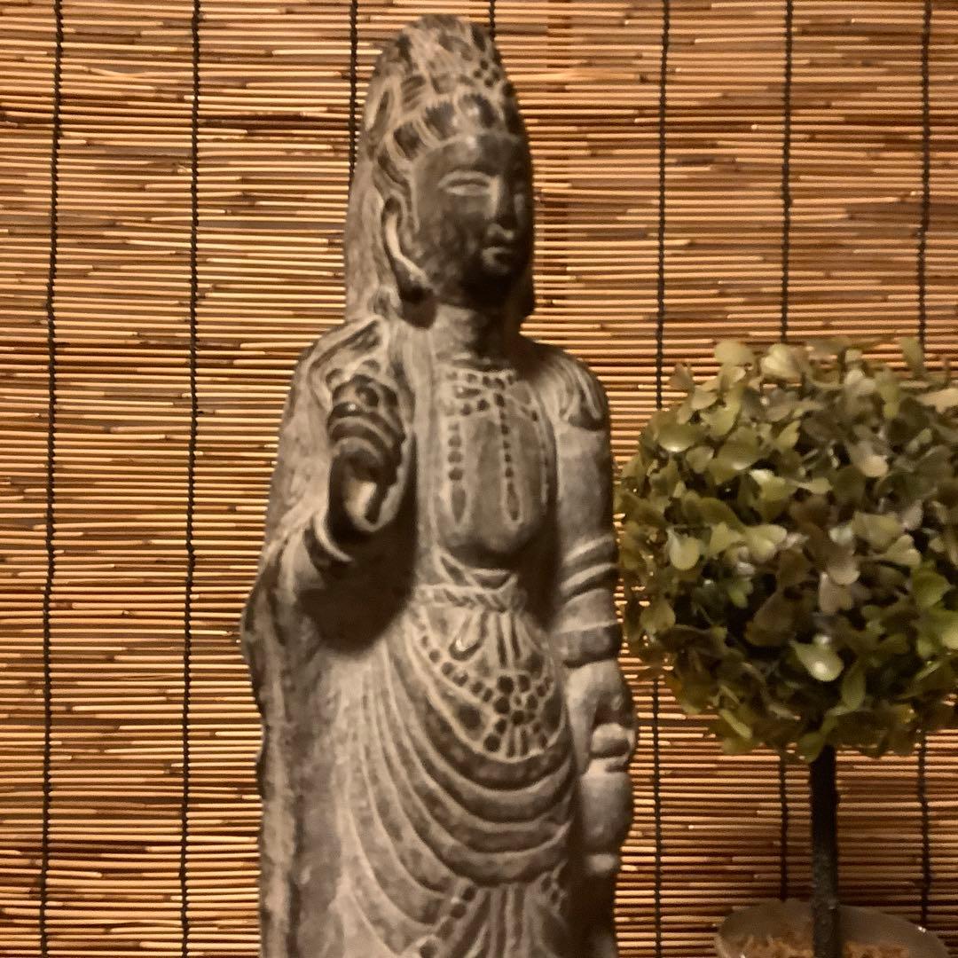 中国魏國「大魏・菩薩立像」南北朝時代・北斎・北魏様式・黒曜石・年号刻字彫