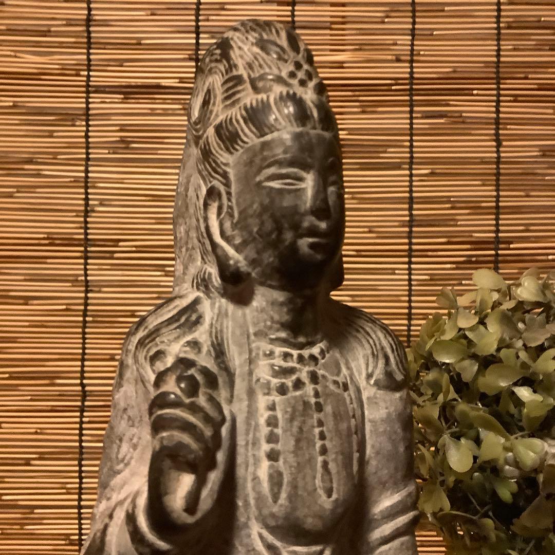 中国魏國「大魏・菩薩立像」南北朝時代・北斎・北魏様式・黒曜石・年号刻字彫