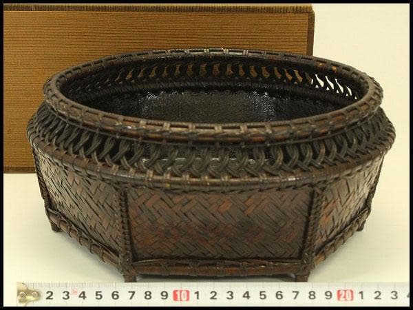 茶道具 竹編 時代 炭斗 美品(A820)