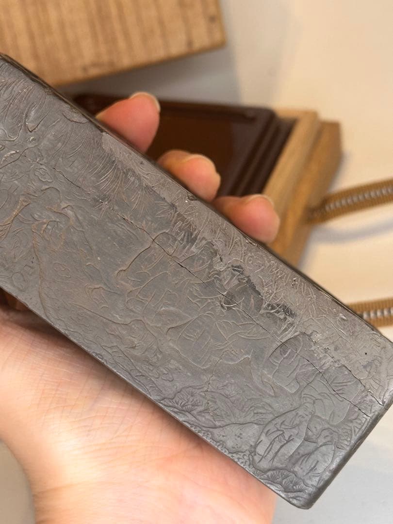 希少 宋時代 緑石 蘭亭硯 四面彫刻 稀少品 蓋・台座・共箱付