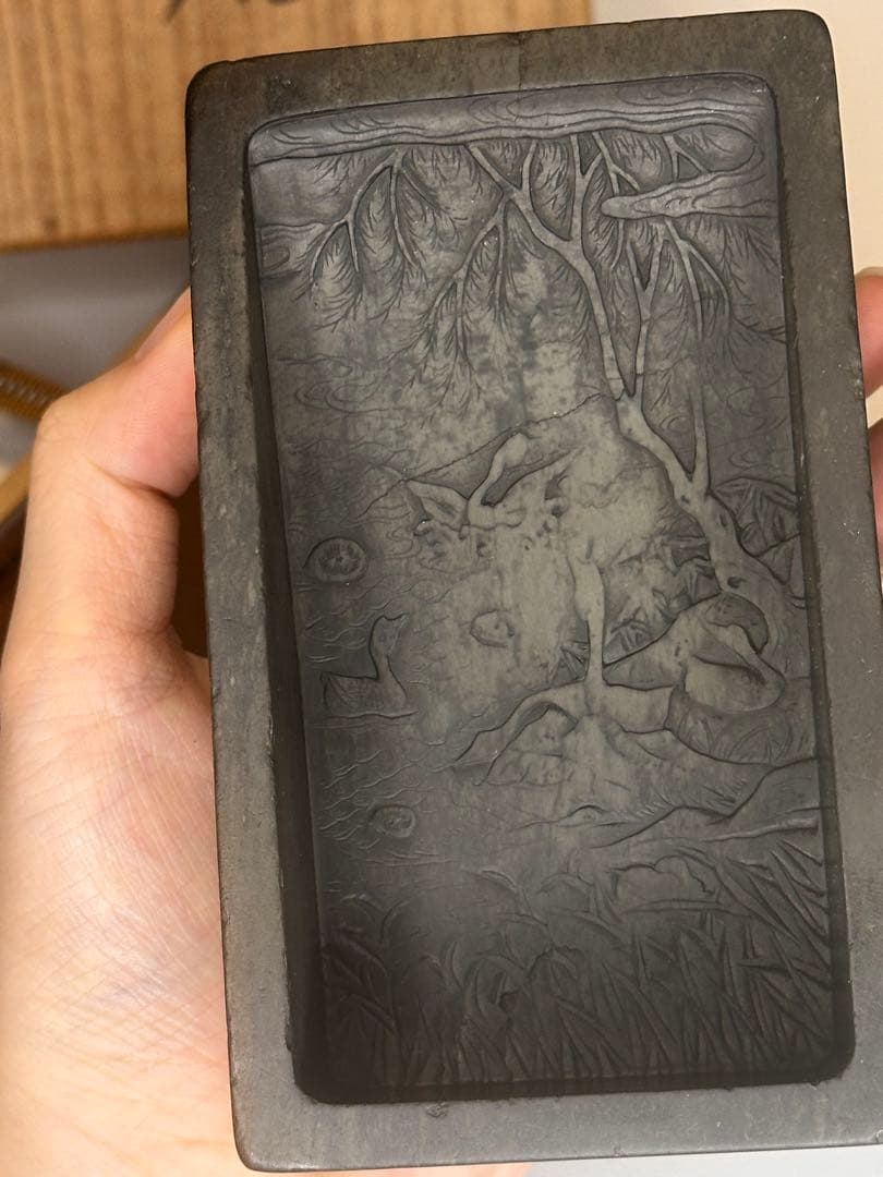 希少 宋時代 緑石 蘭亭硯 四面彫刻 稀少品 蓋・台座・共箱付