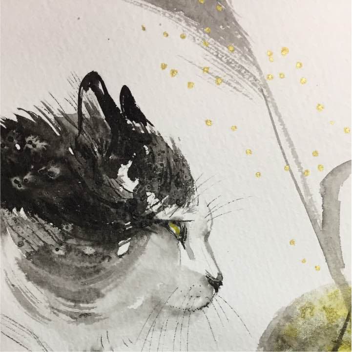 中秋の名月と猫、水彩紙24cm×35cm