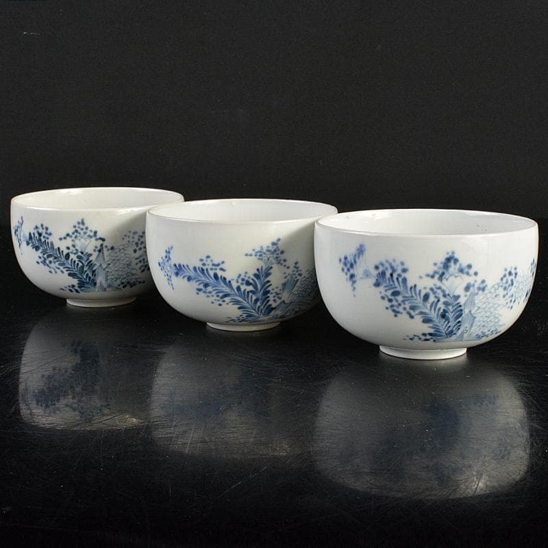 平戸焼　古平戸　染付 花鳥文煎茶碗　3客　氷裂花文蓋碗　まとめて　C　R6872