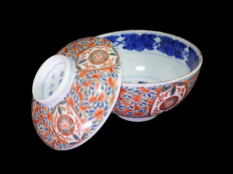 古伊万里　色絵　花繋ぎの図　蓋茶碗　江戸期　CZu