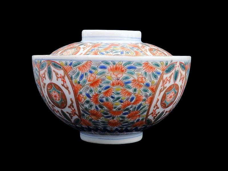 古伊万里　色絵　花繋ぎの図　蓋茶碗　江戸期　CZu