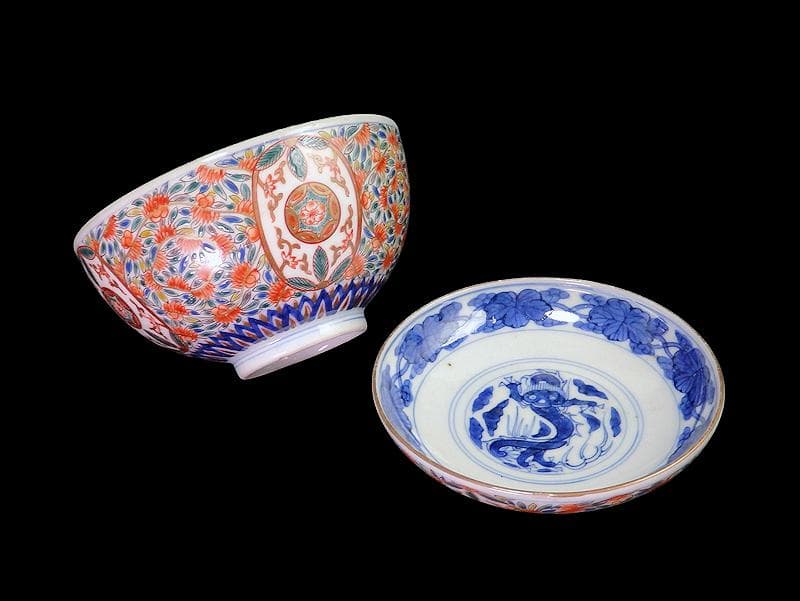 古伊万里　色絵　花繋ぎの図　蓋茶碗　江戸期　CZu