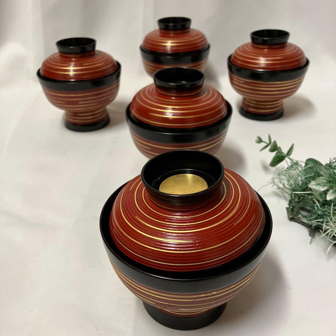 象彦　蓋つき汁椀　5客　吸物椀　木製漆器 金箔　千筋金彩　高級うるし塗り