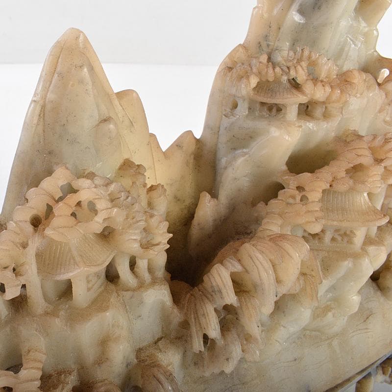 中国　玉石寿山石彫刻　楼閣山水雕　床飾　置物　V　R5747