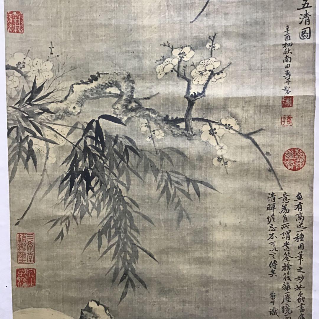 K茶道具　掛軸　「梅花の図」(五清図)印刷？　作者不明　配送用桐箱　S179KJ