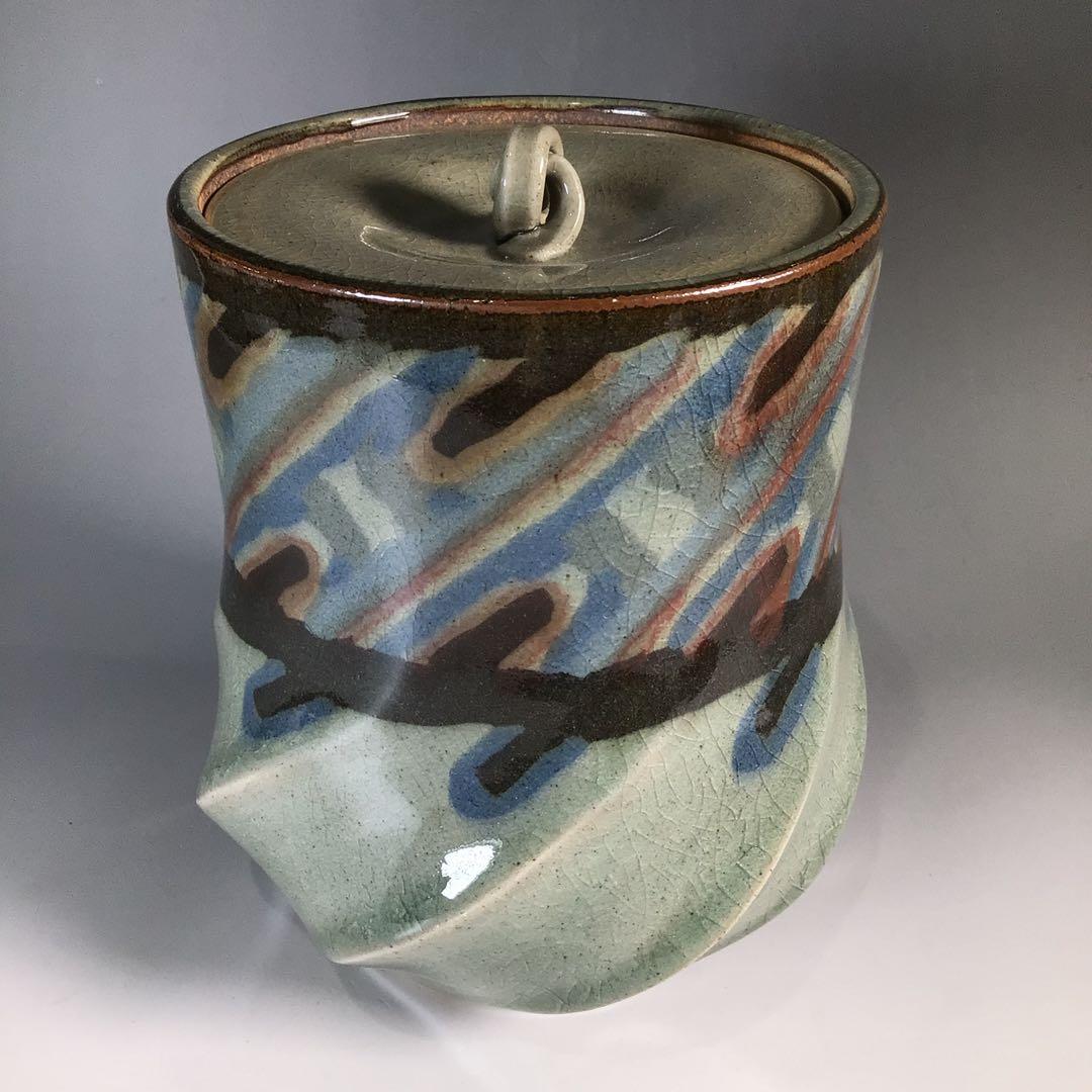 Ｎ１６５　水指　『明神窯　岡本高始造』『練上水指』　共箱　茶道具