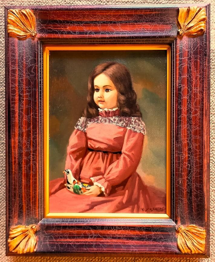 吉田武功　タイトル「ハトを持つ人形」」　Ｆ４号　油彩画　額装　真作