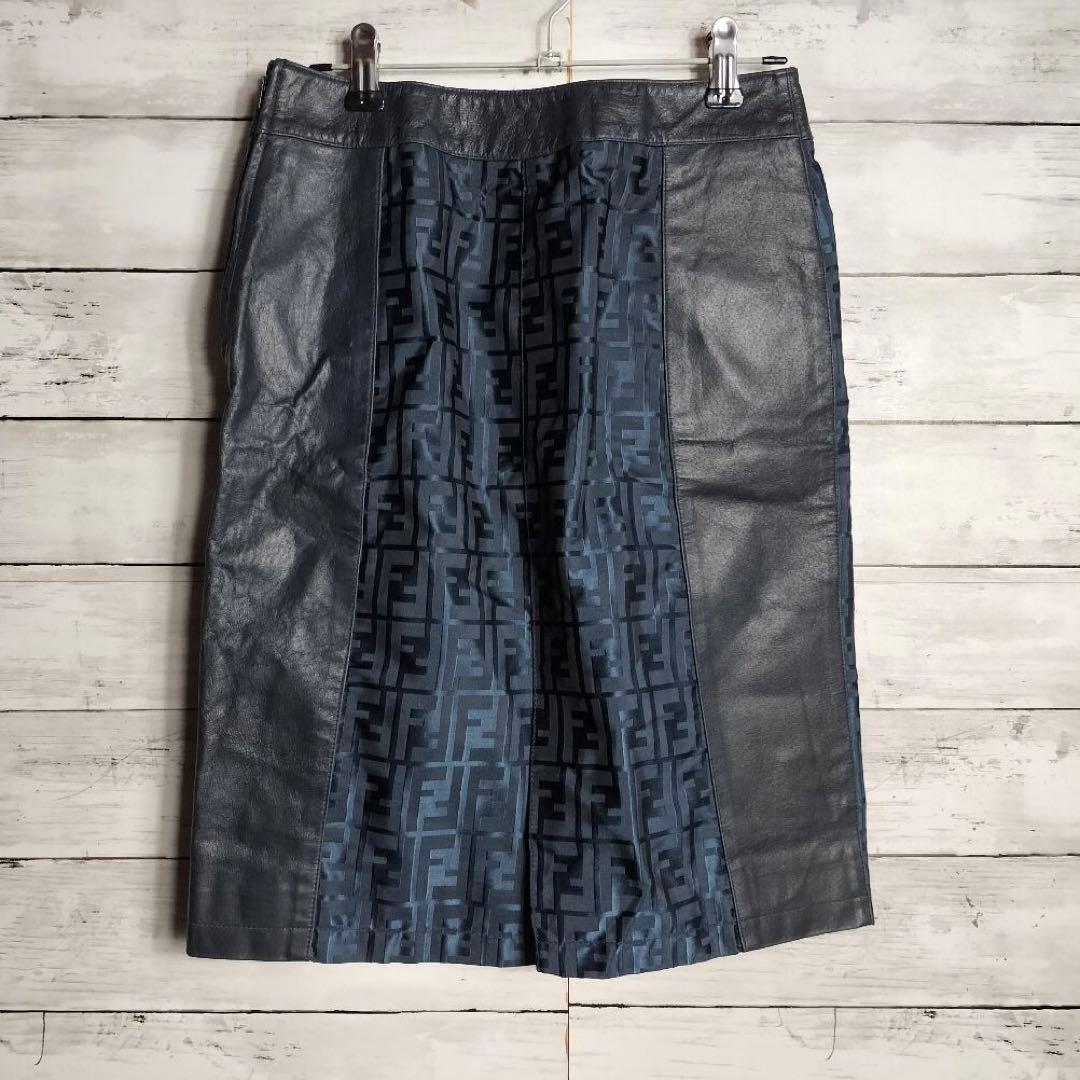 FENDI フェンディ ひざ丈スカート レザー ナイロン ズッカ柄 ドッキング