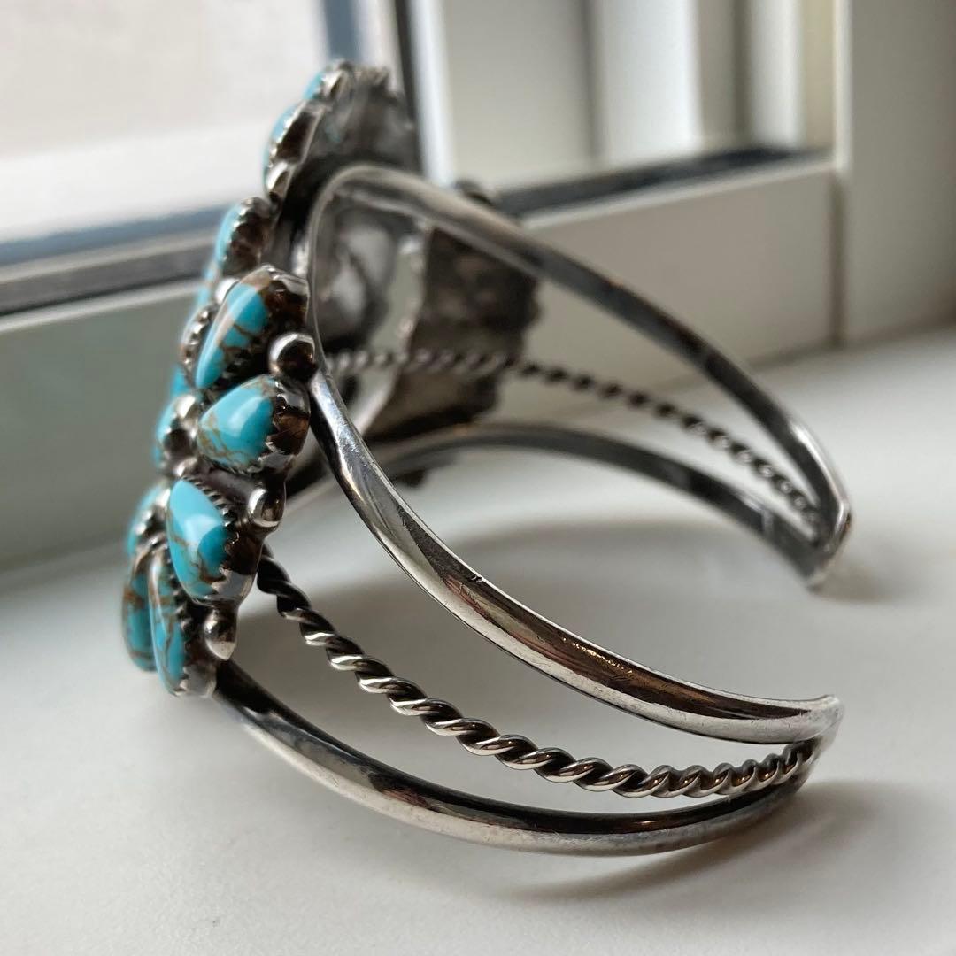 スターリングシルバー ナバホ族 ターコイズ フラワー クラスター バングル