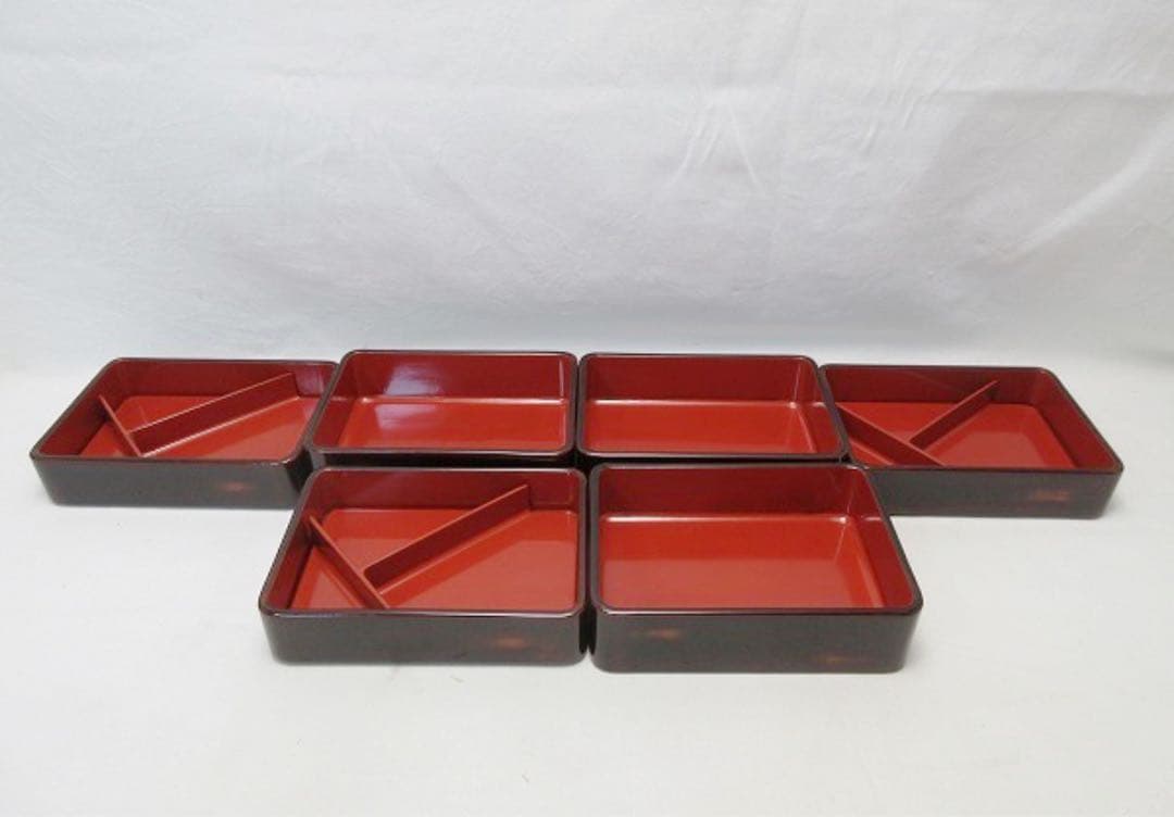 美品 茶道具 木製漆器 二段弁当箱 3客組 内朱 仕切り付 小料理 和食器