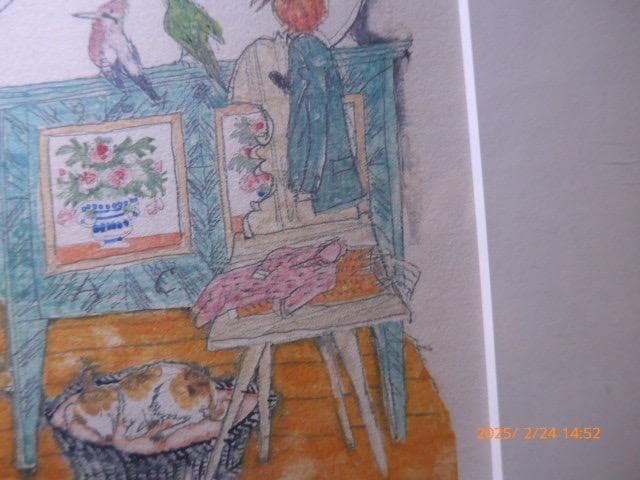 絵本のような世界観を持った作家のエッチングです。手彩色がされています