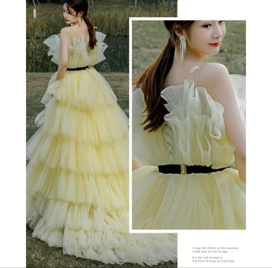 イエロー ティアードチュールドレス