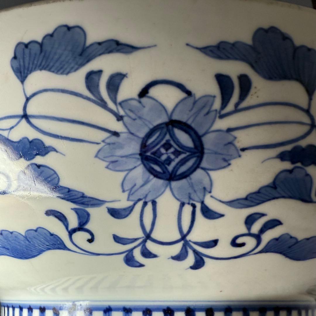 後期鍋島　染付松竹梅大皿　江戸期　三方兜唐花文　高台櫛目文　34cm　蒐集家旧蔵