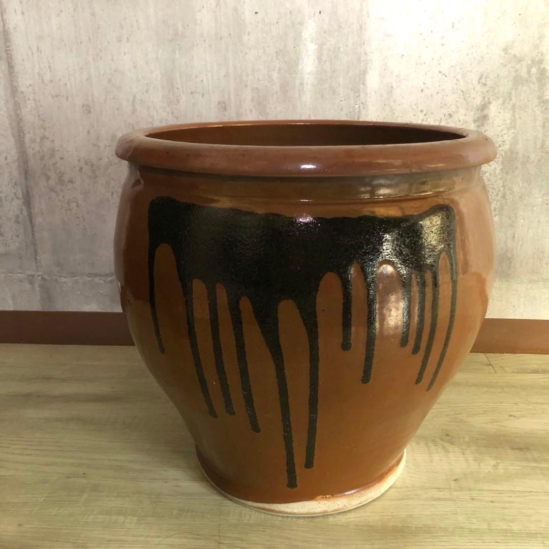 希少大型水甕かめつぼ漬物梅干し壺34cm水鉢睡蓮鉢陶器焼き物ビンテージ当時物