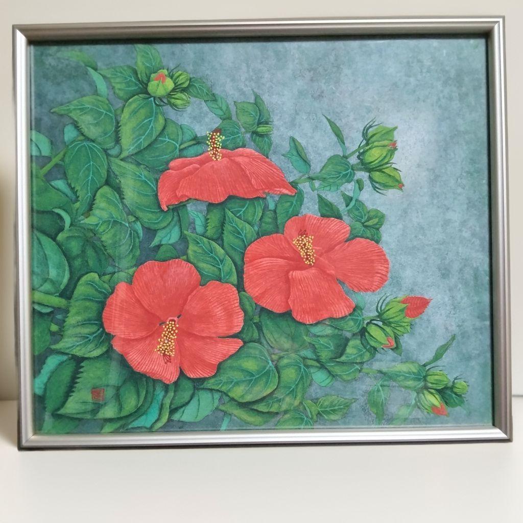 日本画 ハイビスカス アクリル アルミ額付き
