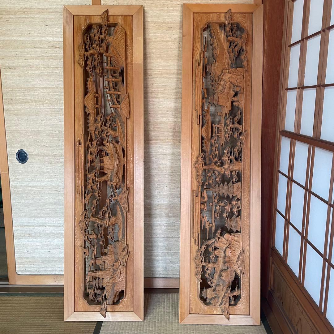 欄間 箱根寄木細工 木製彫刻 アンティーク 2枚他
