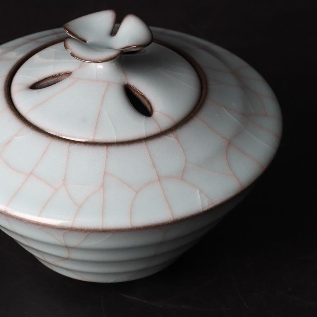 人気作家 峯岸勢晃 月白青瓷 線段香炉 共箱 共布 陶歴付