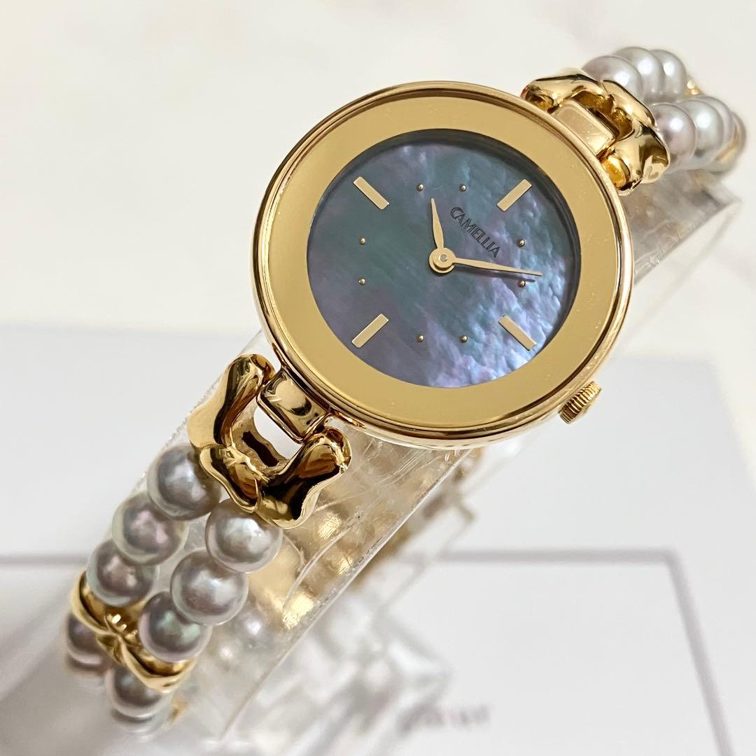 【稼動品】CAMELLIA カメリア レディース パールウォッチ　あこや真珠