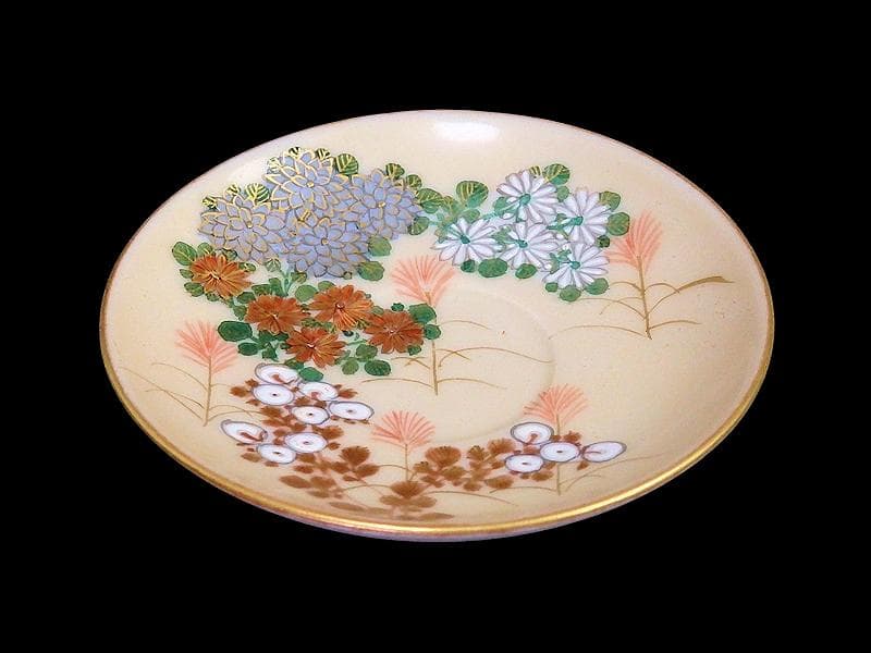 九谷　柄本暁舟　金襴手　秋草の図　盃及び盃台セット　F179AS-DAw