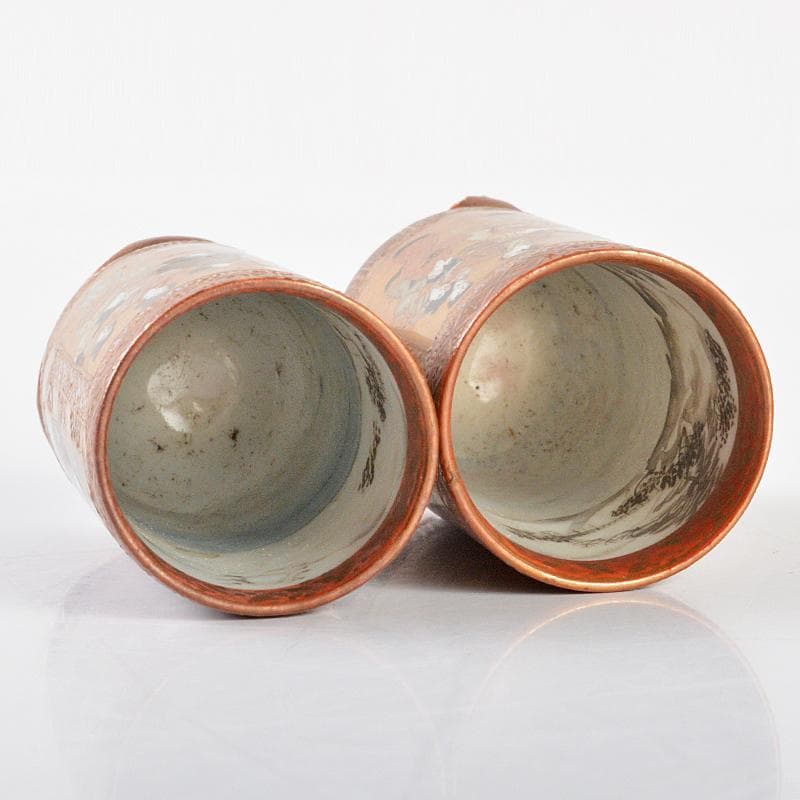 九谷焼　古九谷　日本村顕　色絵金彩　山水人物文　茶巾筒　一對　F　R6033