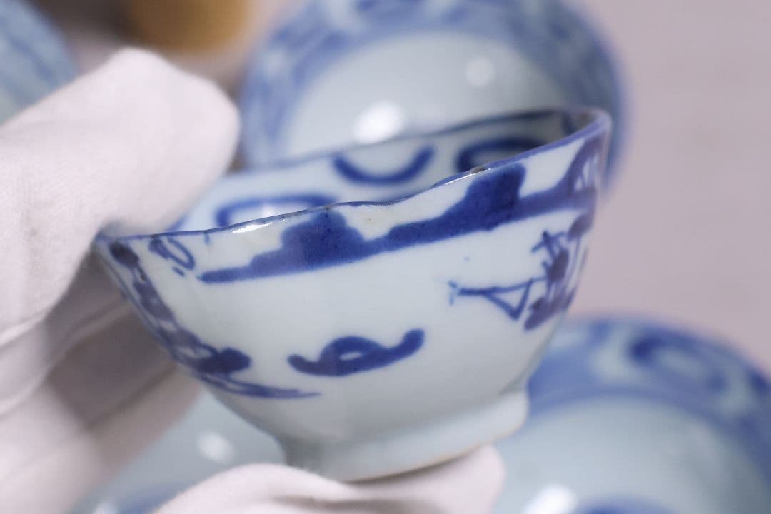 中国 染付 煎茶椀 五客 山水 鳥図 茶器 陶磁器 【MA581】