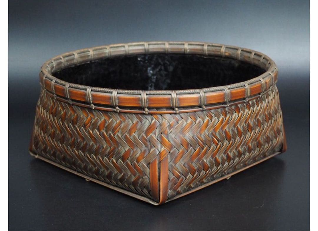 送料無料 篭師　石峰作　網代炭籠炭斗炭入 煎茶道具　木箱共箱　未使用