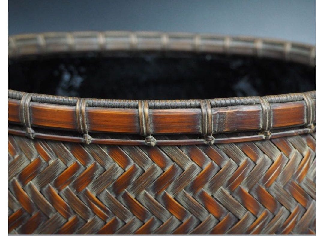 送料無料 篭師　石峰作　網代炭籠炭斗炭入 煎茶道具　木箱共箱　未使用